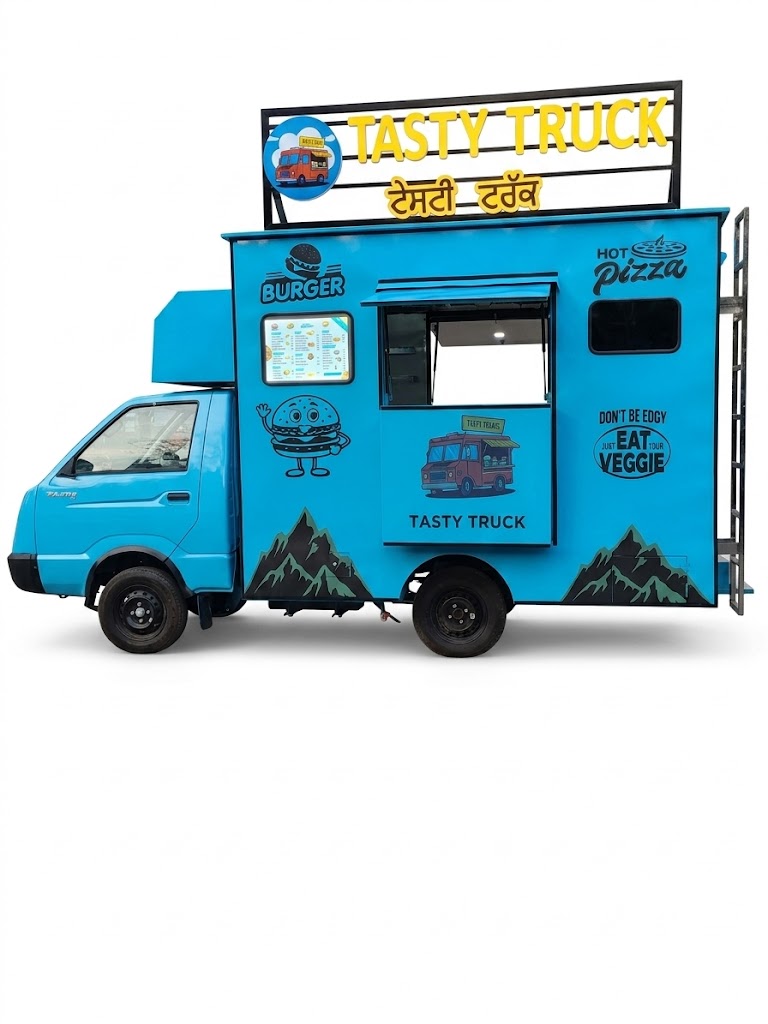 Blue food truck with 'Tasty Truck' branding on a white background